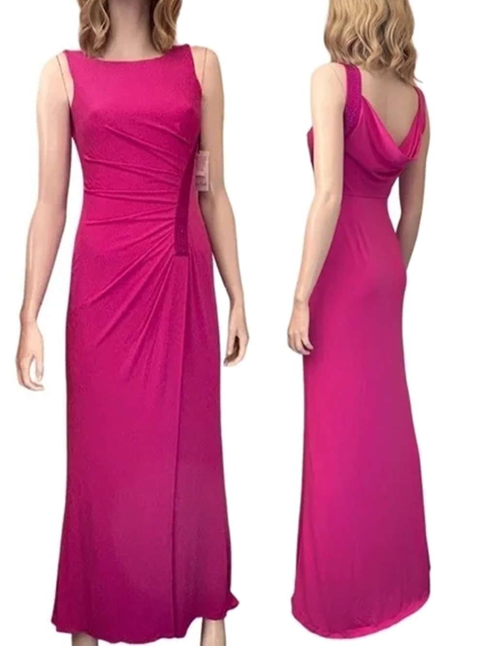 Calvin Klein Dress Gown Train Glass Beading Jersey Knit Ruched Draped Cowl Back